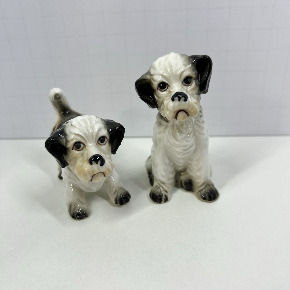 Vintage Bone‎ China Puppy Dog Figurines Set Black White Spaniel Lot Of 2